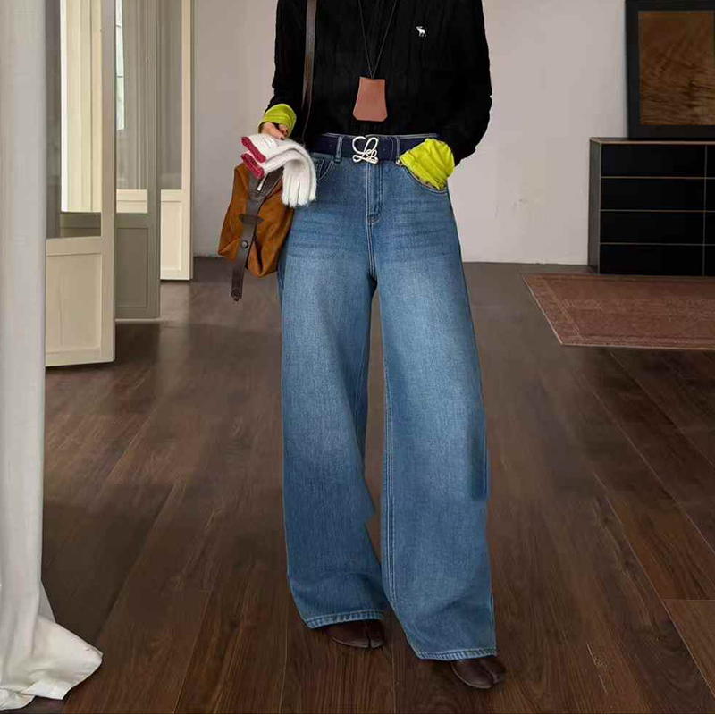 加绒加厚垂感阔腿牛仔裤冬季显瘦