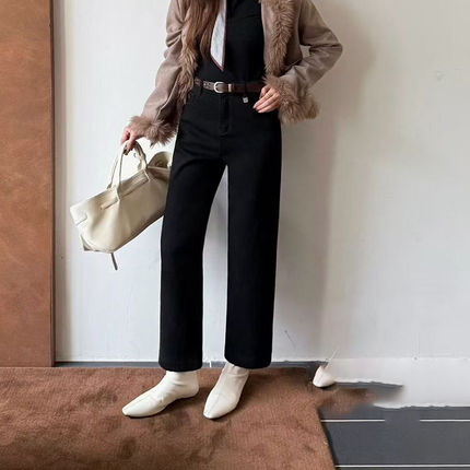 韩尚裤业2025冬新款加绒加厚黑色直筒牛仔裤女高腰弹力九分法棍裤