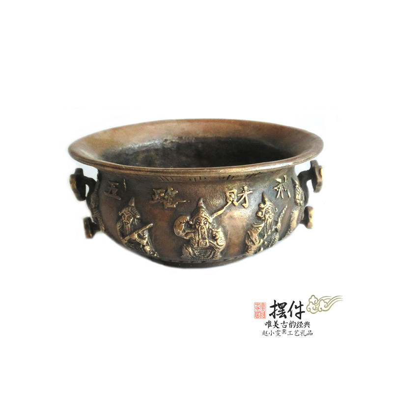 五路财神老旧黄铜香炉
