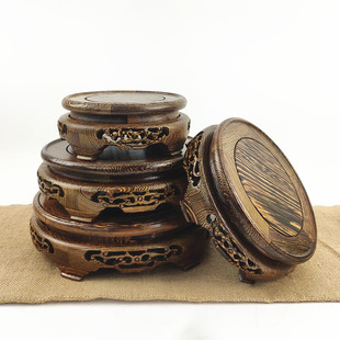 鸡翅木圆形雕刻工艺品佛像花瓶鱼缸花盆底座红木奇石摆件实木木托