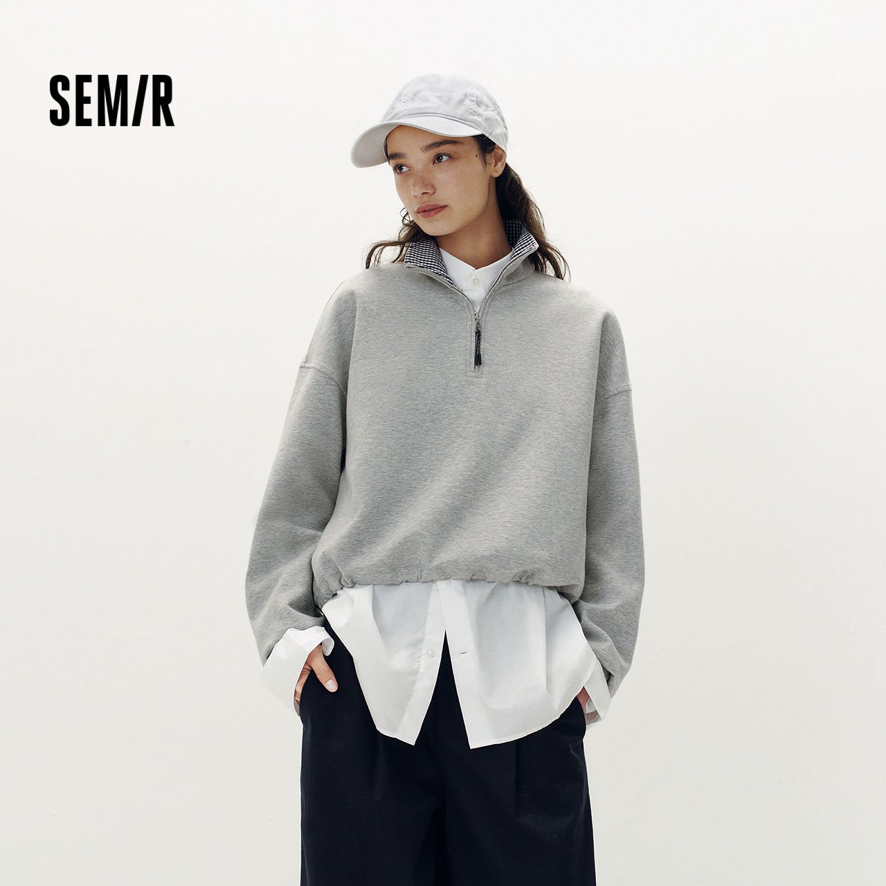 森马oversize格子立领抽绳卫衣女