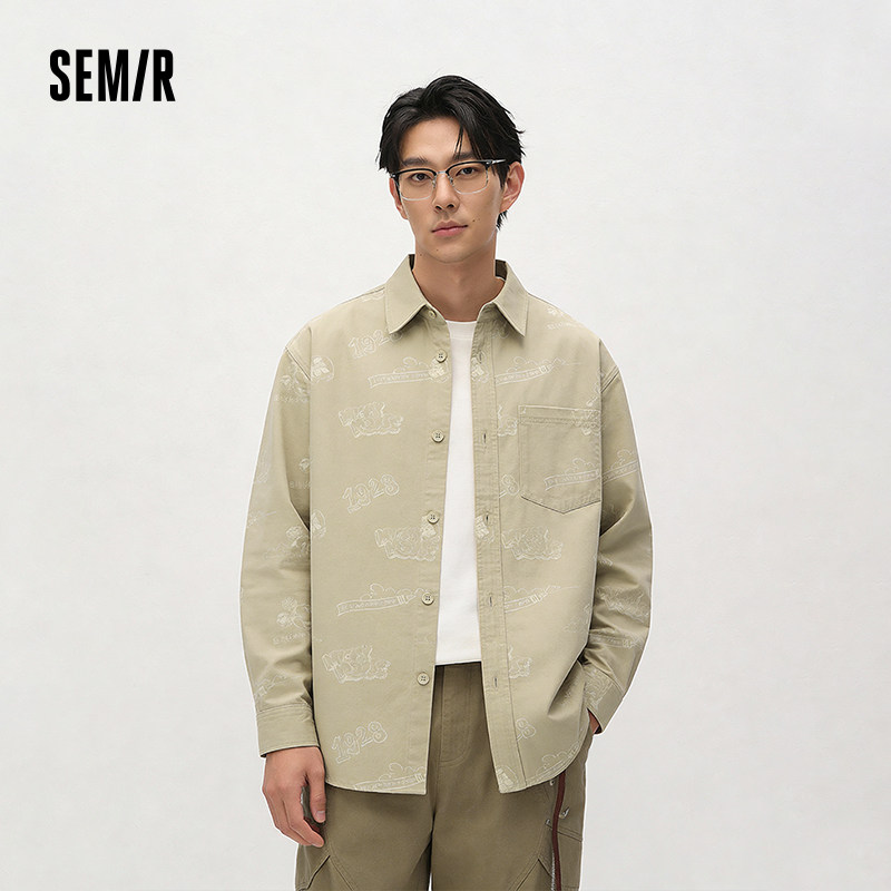 森马迪士尼合作系列长袖衬衫男春季米奇满印宽松翻领上衣低调简约