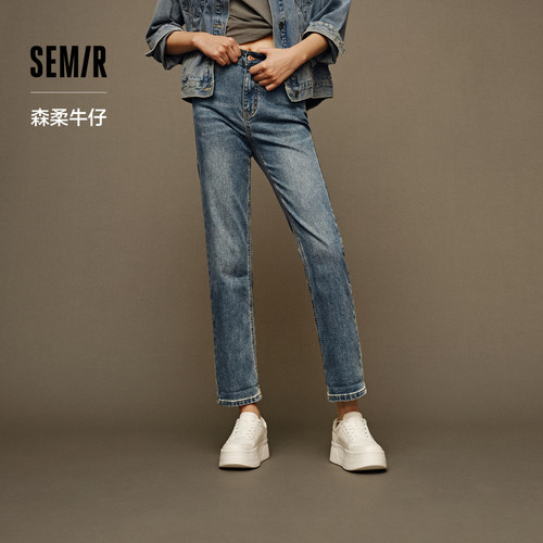 森马冬季商城同款做旧抓绒牛仔裤