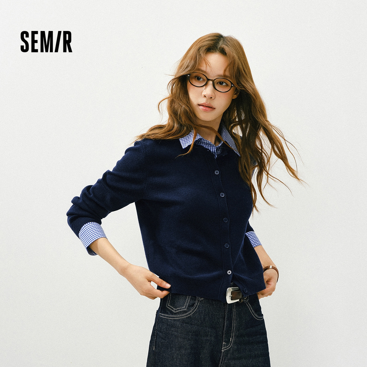 森马可拆卸格纹衬衫领短款开衫女