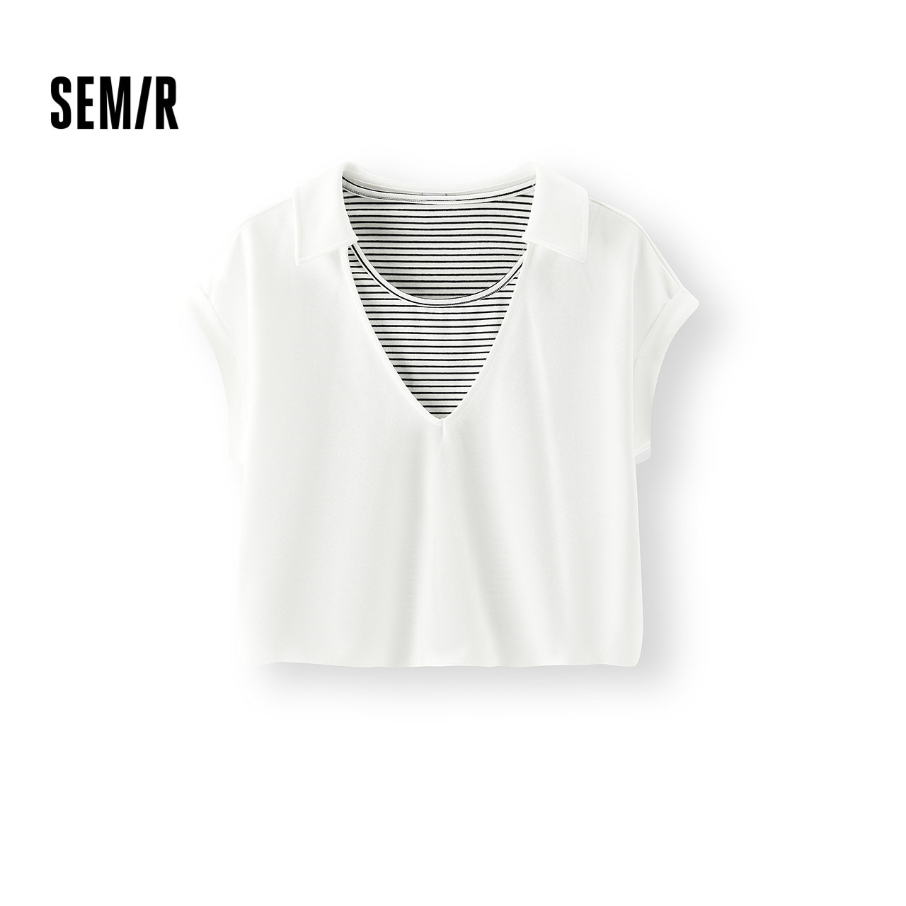 森马POLO衫女夏短款拼接条纹假两件花苞上衣宽松连肩袖百搭套头衫,女装/女士精品,POLO衫,淘宝优惠券,粉丝福利购,淘宝优惠卷