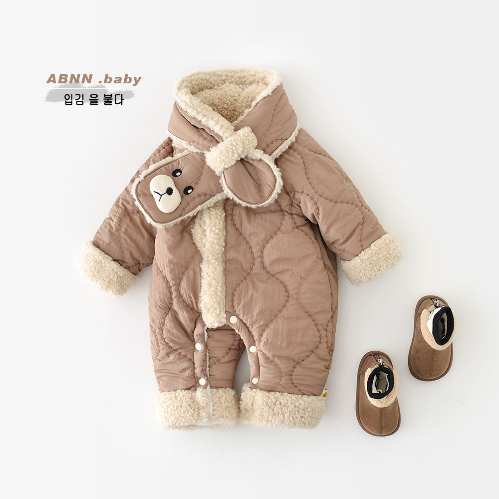 婴儿棉服冬装新款男宝宝韩版时髦连体衣冬装满月加绒加厚保暖爬服