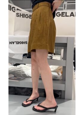 秒发诗歌兰58221时髦气质南瓜色后松紧腰麻料短袖26早春新款女装