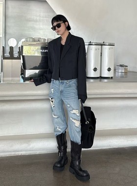 秒发新款诗歌兰99856破洞牛仔裤直筒小众百搭显瘦女裤2025早秋