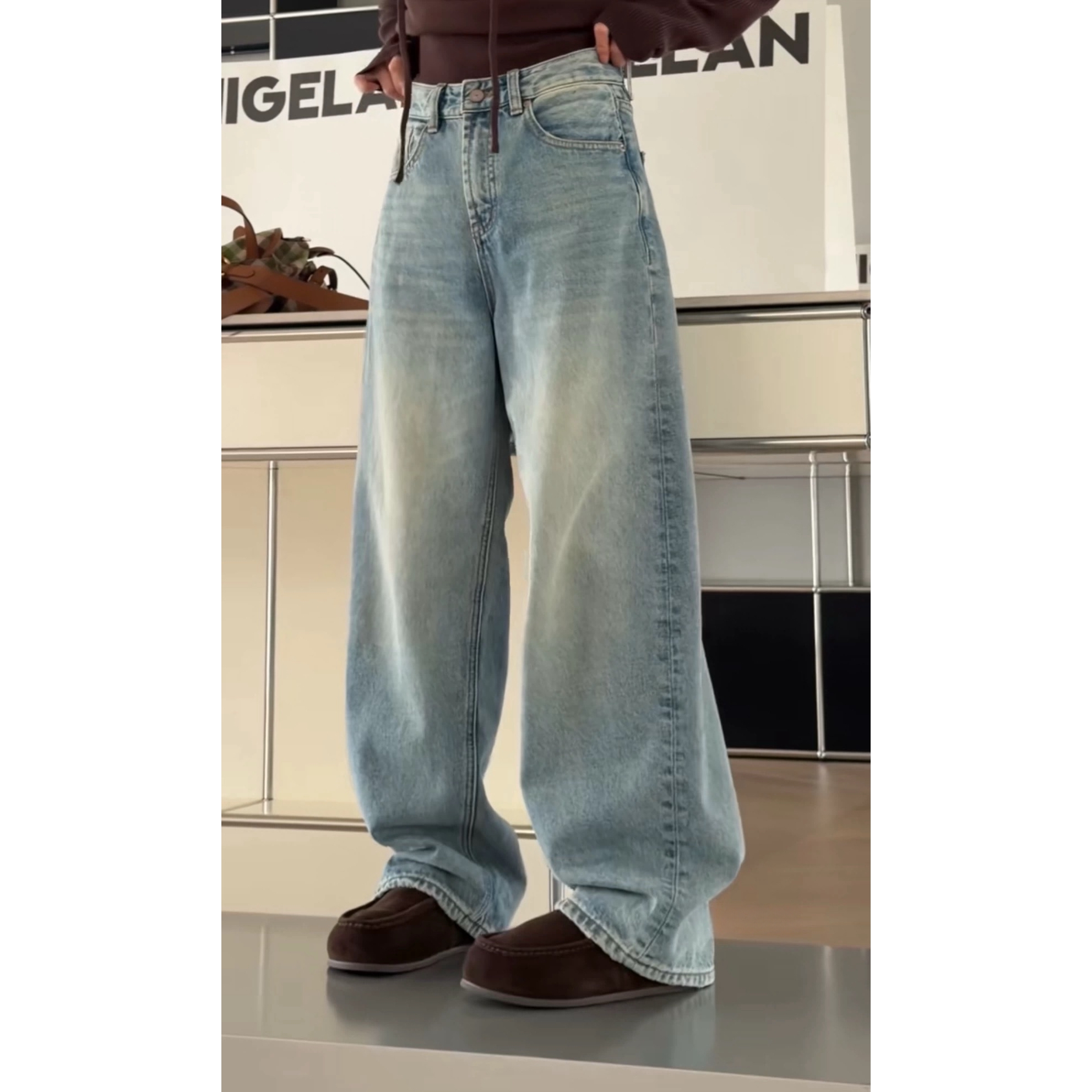 现货25年冬季诗歌兰18063美式街头休闲个性加绒直筒牛仔裤女装新