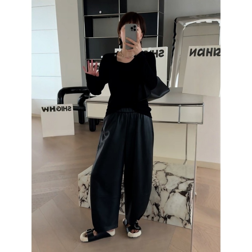 现货诗歌兰88368植物蛋白皮裤九分弯刀松紧舒适裤子女2025秋款