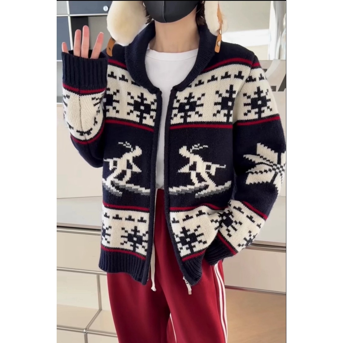 现货诗歌兰5842时髦慵懒费尔岛拉链开衫翻领花色毛衣女25年冬季新