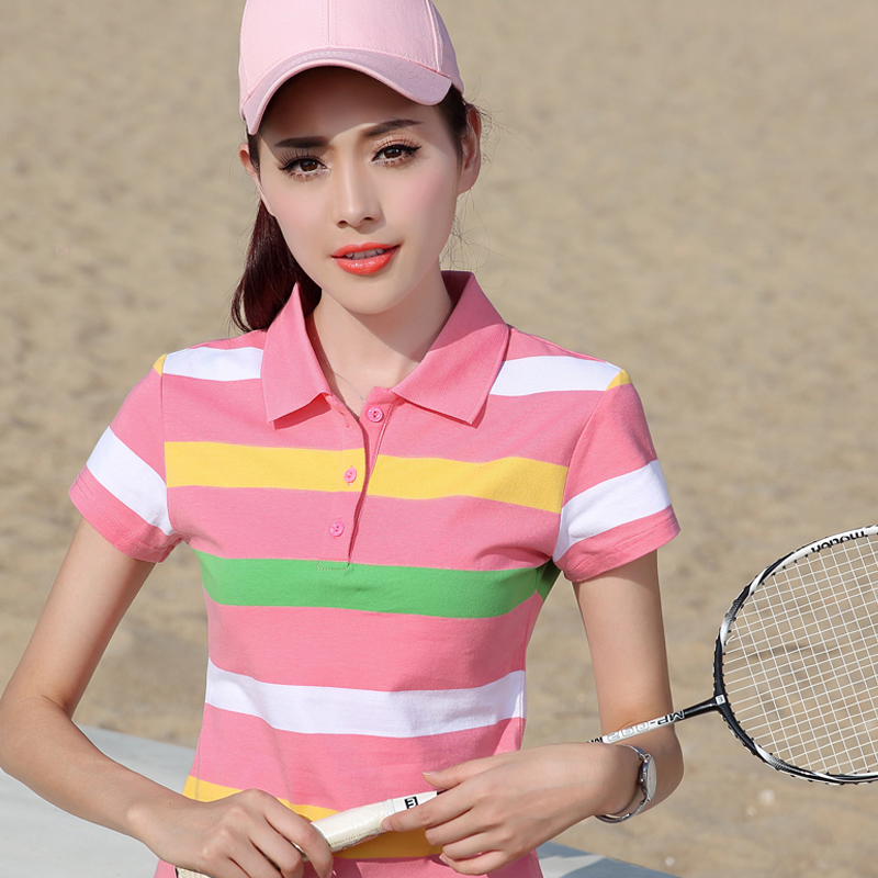 粉红白条纹短袖女T恤宽松大码休闲运动上衣中年妈妈半袖衫纯棉夏T