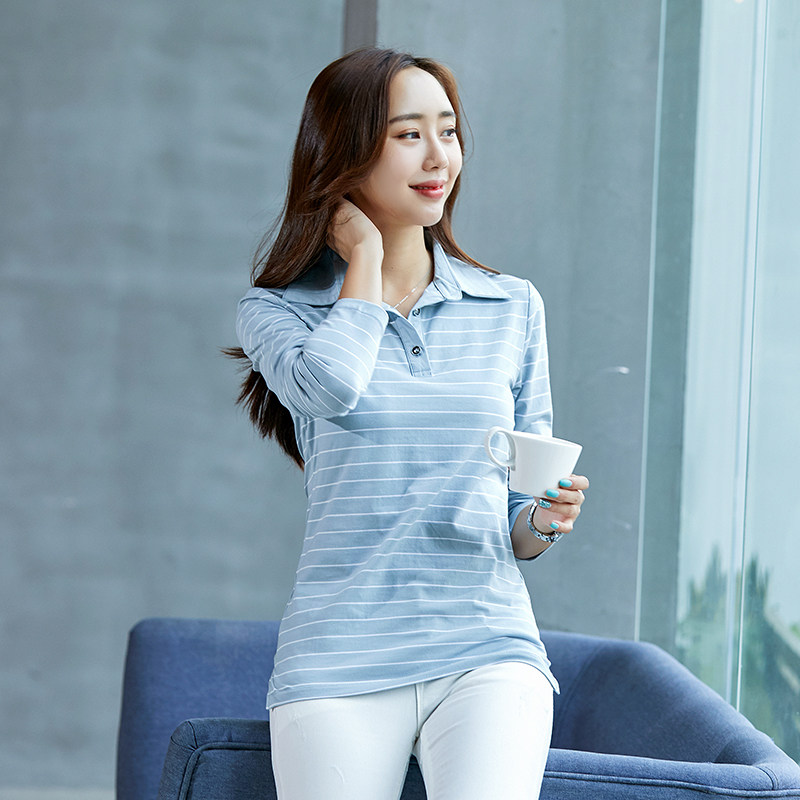 蓝灰色条纹长袖女T恤翻领POLO衫棉大码运动衫中年妈妈棉质春上衣T