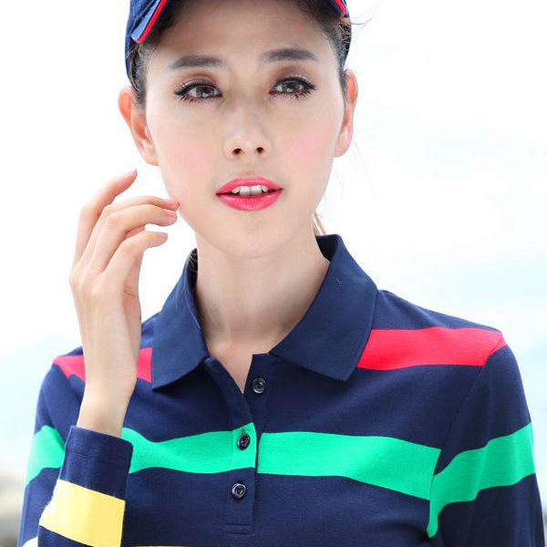 中老年女式条纹长袖t恤宽松大码秋装翻领运动POLO纯棉妈妈健身服t