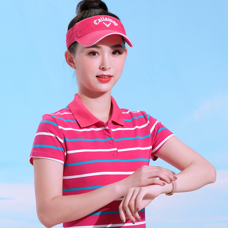 翻领玫红条纹女t恤运动上衣大码纯棉修身潮流妈妈半袖衫打底poloT