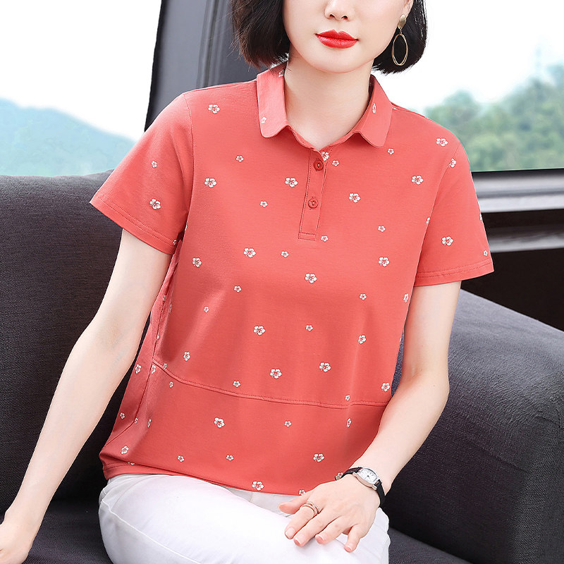 紫色印花短袖女T恤2026夏季新款女装中年妇女妈妈宽松套头上衣T