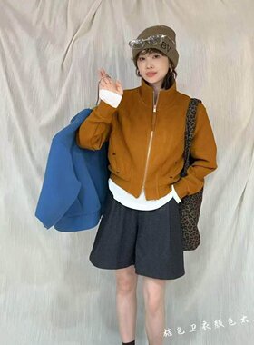 2026秋新款韩版复古休闲立领拉链短款卫衣外套女小个子橘色卫衣