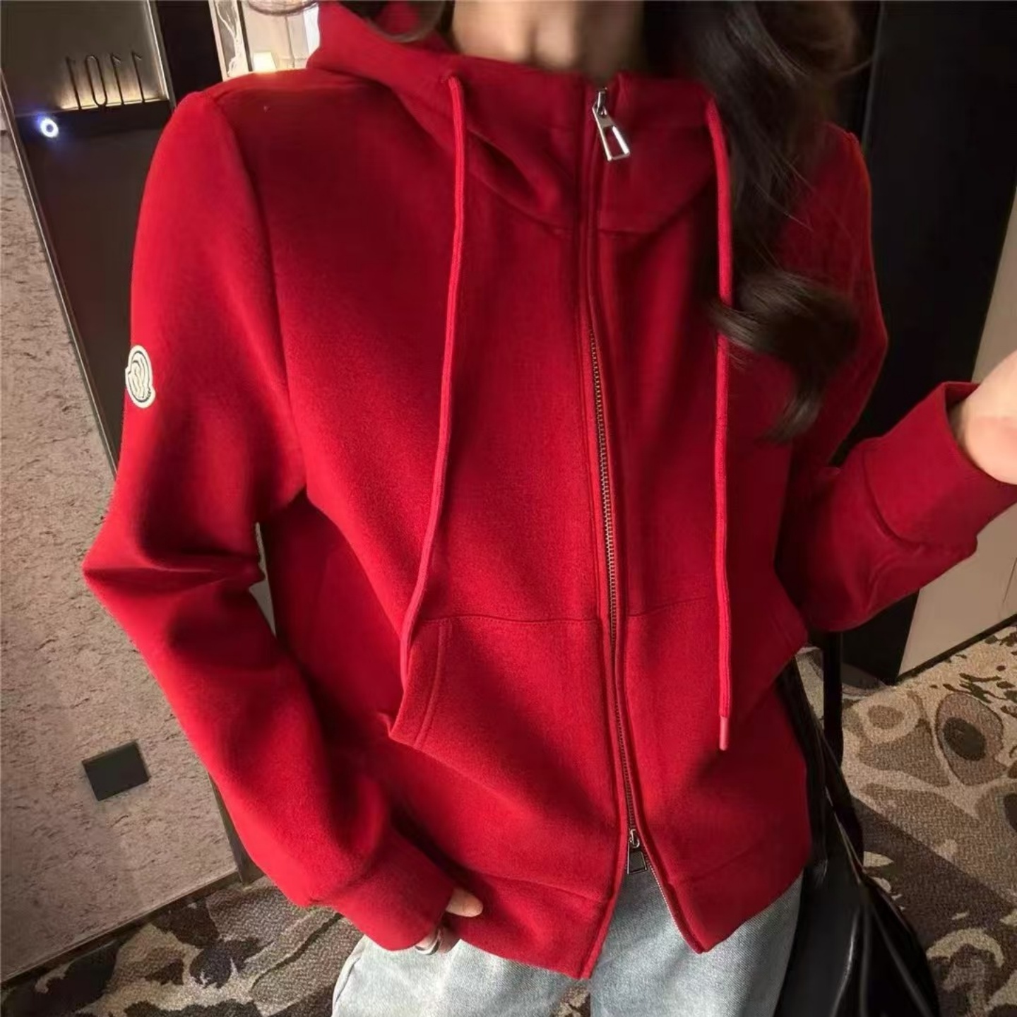 2025冬新款连帽休闲款百搭宽松显瘦拉链德绒长袖红色卫衣开衫女
