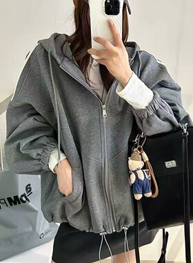 侧面条纹连帽卫衣2026秋季新款灰色加厚不加绒慵懒风灰色拉链外套