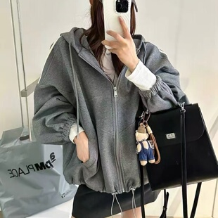 侧面条纹连帽卫衣2026秋季新款灰色加厚不加绒慵懒风灰色拉链外套
