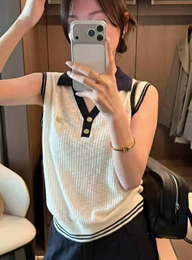 2026夏新款撞色POLO领显瘦设计感无袖针织冰丝薄料白色背心女上衣