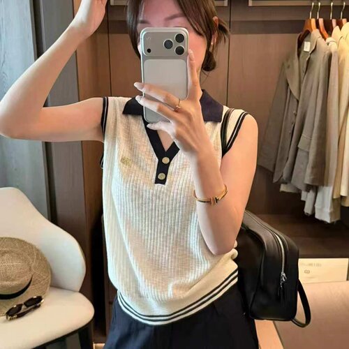 2026夏新款撞色POLO领显瘦设计感无袖针织冰丝薄料白色背心女上衣