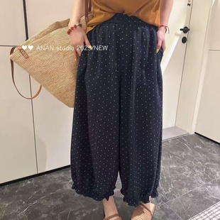 波点白色木耳边九分裤 2025年夏季 宽松休闲时尚 新款 女 简约百搭韩版