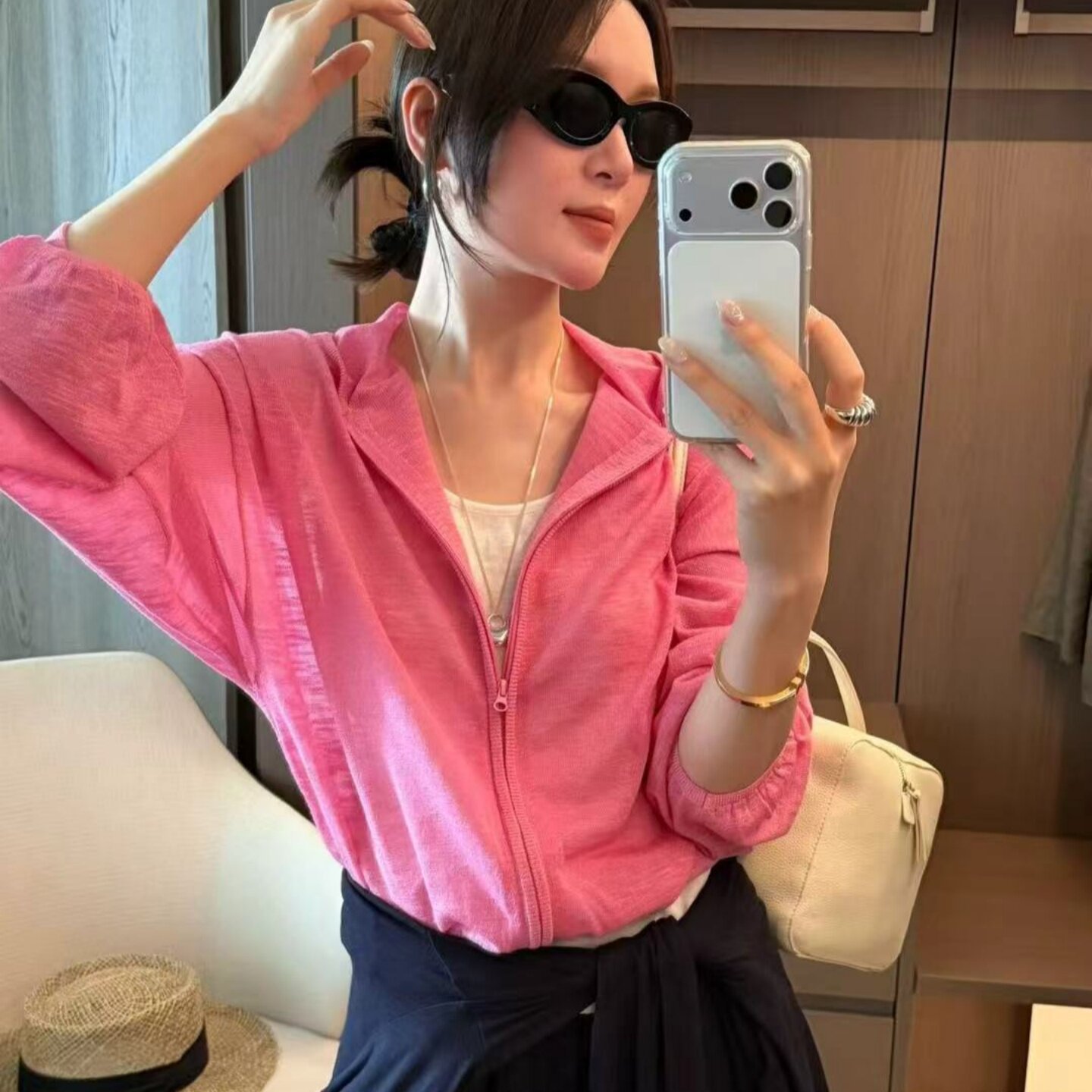 2026夏款连帽防晒宽松拉链薄款开衫糖果色长袖冰丝针织短外套女