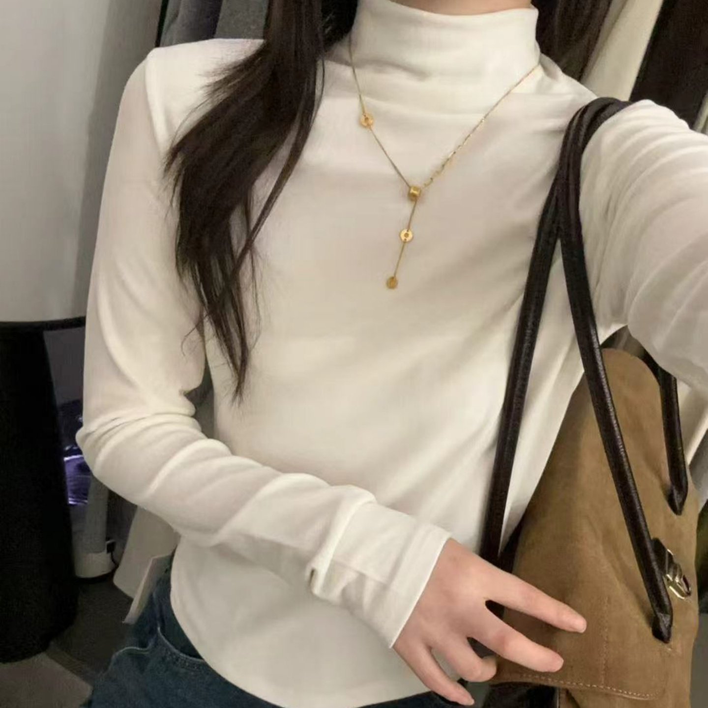 2025冬新款韩版宽松休闲时尚百搭纯色光板显瘦高领白色打底衫女潮
