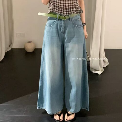 2026夏新款韩系简约薄料直筒简约款绿色腰带蓝色出差牛仔裤女阔腿