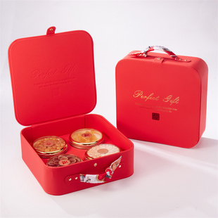 红色手提丝巾礼盒四宝包装盒四拼西洋参片石斛鹿茸片滋补品皮盒子