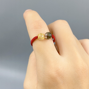 天然绿幽灵金发晶戒指女款本命年红绳手工编织转运珠指环尾戒饰品