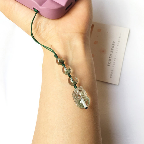 天然绿幽灵貔貅水晶手机链挂件