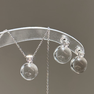 天然白水晶吊坠项链女转运珠S925纯银小灯泡锁骨链白水晶耳钉耳环