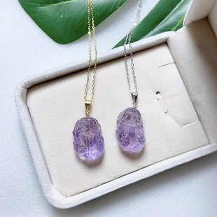 天然紫水晶貔貅吊坠招财貔貅项链女925纯银锁骨链皮丘挂件饰品礼