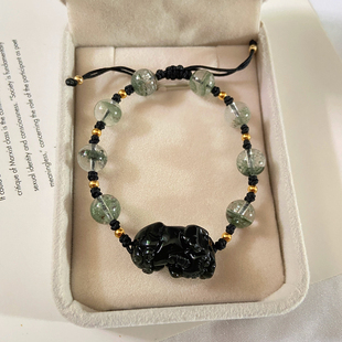 天然绿幽灵编织手链女转运珠手绳黑曜石貔貅男皮丘手串情侣款 一对