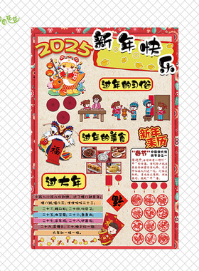 幼儿园春节过年主题环创墙布置红色新年来历习俗美食龙年大吉贴画