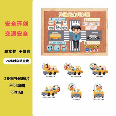 A041幼儿园安全主题环创教室走廊墙面布置交通安全可打印素材