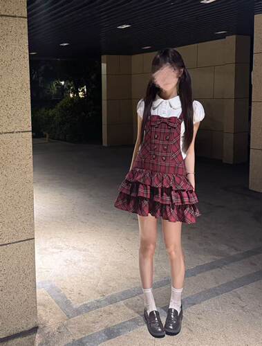 原创古着格子背带lolita洋装古着系复古背带裙
