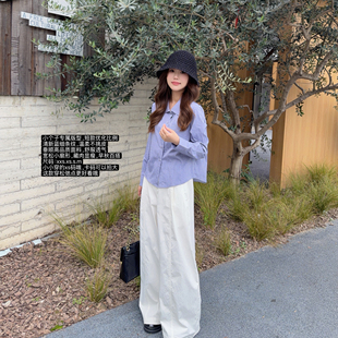 小小家 小个子蓝色条纹纯棉长袖衬衫小码清新宽松百搭休闲衬衣女