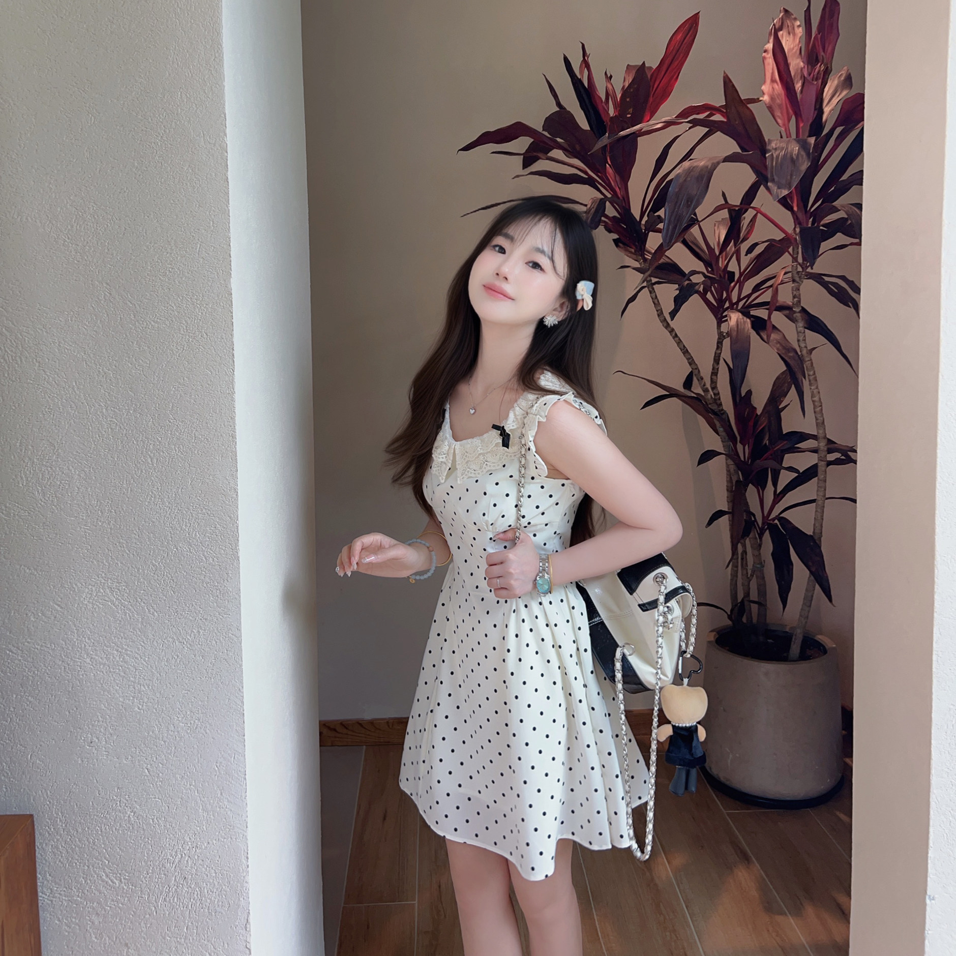 小小家 小个子甜美波点短款连衣裙收腰圆领短袖娃娃领法式裙子