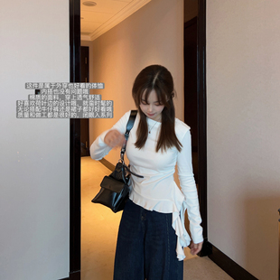 圆领木耳边T恤下摆可绑带修身 小小家 小个子小码 长袖 打底衫