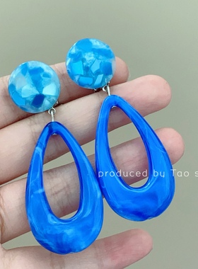 港风复古法式宫廷风蓝色亚克力夸张耳饰高级感无耳洞耳环耳钉耳夹