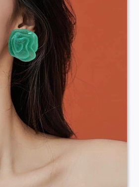 复古港风绿色玫瑰花耳环女小众设计感高级气质耳钉耳夹无耳洞耳饰