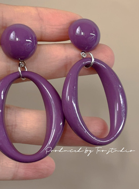 复古港风氛围感浆紫色圈圈夸张显白耳钉耳环耳夹无耳洞耳饰