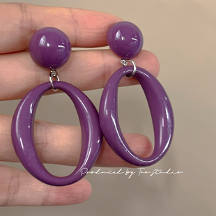 复古港风氛围感浆紫色圈圈夸张显白耳钉耳环耳夹无耳洞耳饰