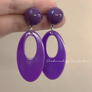 温柔风～浪漫紫复古港风几何椭圆耳环80年代小众耳饰无耳洞耳夹女