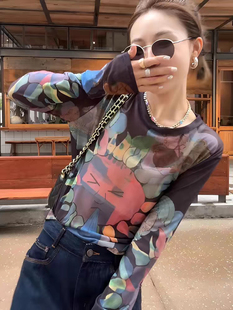 扎染网纱长袖 太阳花薄款 圆领T恤女春夏宽松显瘦印花打底防晒上衣