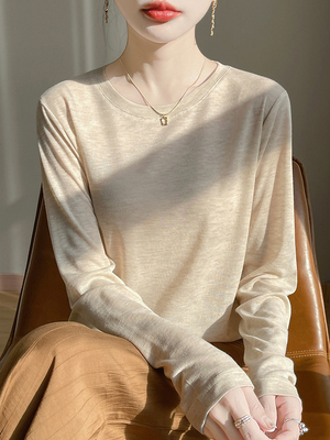 25春秋莱赛尔天丝长袖针织毛衣女圆领薄款纯色百搭宽松上衣打底衫