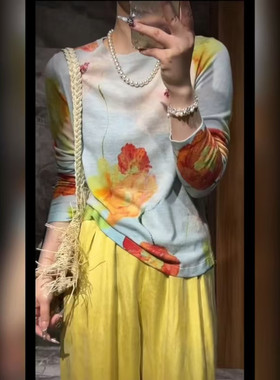 多巴胺花色120支精纺水溶羊毛衫长袖T恤女短袖开衫欧货薄款打底衫